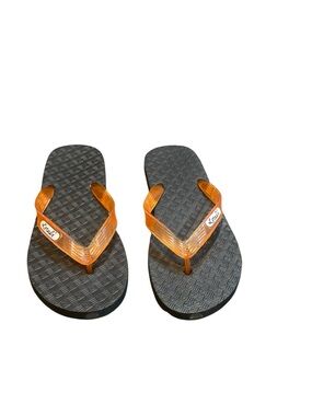 Women’s Orange Strap Flip Flops with Black Textured Footbed - Unbranded